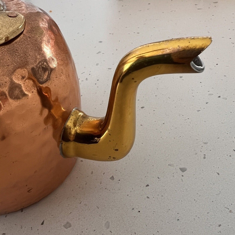 Antique hand-Hammered Copper Tea Kettle pot coffee brass details Gooseneck CLEAN - Picture 9 of 12